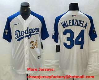 Men's Los Angeles Dodgers #34 Fernando Valenzuela Number White Blue Fashion Stitched Cool Base Limited Jersey 13