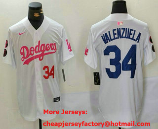 Men's Los Angeles Dodgers #34 Fernando Valenzuela Number White Pink With Patch Limited Stitched Jersey