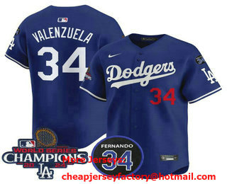 Men's Los Angeles Dodgers #34 Fernando Valenzuela Royal 2024 World Series Champions 34 Patch Limited Stitched Jersey