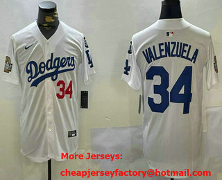 Men's Los Angeles Dodgers #34 Fernando Valenzuela White 2024 World Series 34 Patch Limited Stitched Jersey