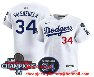 Men's Los Angeles Dodgers #34 Fernando Valenzuela White 2024 World Series Champions 34 Patch Limited Stitched Jersey