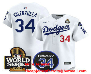 Men's Los Angeles Dodgers #34 Fernando Valenzuela White 2024 World Series With Fernando 34 Patch Limited Stitched Jersey