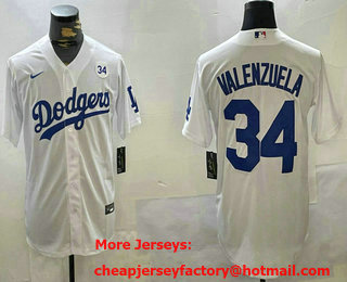 Men's Los Angeles Dodgers #34 Fernando Valenzuela White 34 Patch Cool Base Stitched Jersey