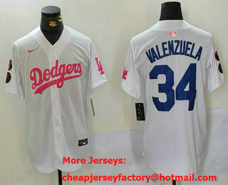 Men's Los Angeles Dodgers #34 Fernando Valenzuela White Pink With Patch Limited Stitched Jersey