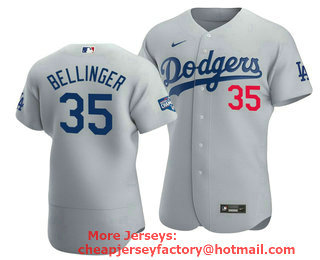 Men's Los Angeles Dodgers #35 Cody Bellinger 2020 Grey World Series Champions Patch Flex Base Sttiched Jersey