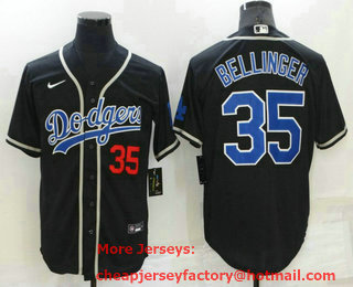 Men's Los Angeles Dodgers #35 Cody Bellinger Black Blue Name Stitched MLB Cool Base Nike Jersey