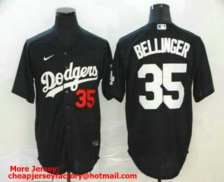 Men's Los Angeles Dodgers #35 Cody Bellinger Black With Red Number Stitched MLB Cool Base Nike Jersey