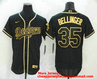 Men's Los Angeles Dodgers #35 Cody Bellinger Black With Gold Stitched MLB Flex Base Nike Jersey