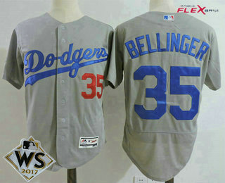 Men's Los Angeles Dodgers #35 Cody Bellinger Gray Alternate 2017 World Series Patch Stitched MLB Flex Base Jerseyy