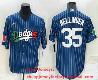 Men's Los Angeles Dodgers #35 Cody Bellinger Navy Blue Pinstripe Mexico 2020 World Series Cool Base Nike Jersey