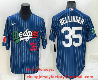 Men's Los Angeles Dodgers #35 Cody Bellinger Number Navy Blue Pinstripe Mexico 2020 World Series Cool Base Nike Jersey 01