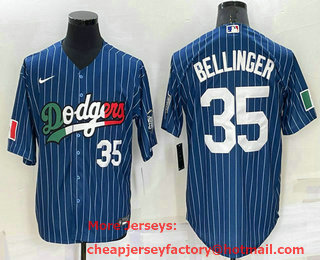 Men's Los Angeles Dodgers #35 Cody Bellinger Number Navy Blue Pinstripe Mexico 2020 World Series Cool Base Nike Jersey