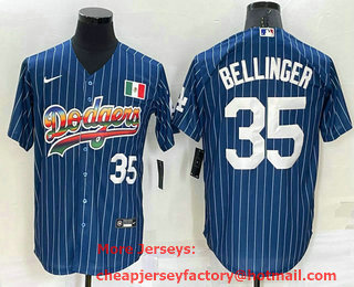 Men's Los Angeles Dodgers #35 Cody Bellinger Number Rainbow Blue Red Pinstripe Mexico Cool Base Nike Jersey