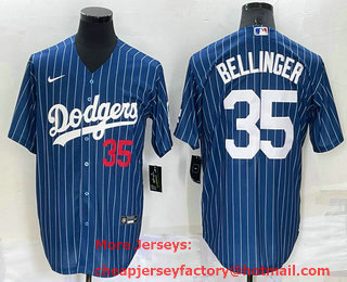 Men's Los Angeles Dodgers #35 Cody Bellinger Number Red Navy Blue Pinstripe Stitched MLB Cool Base Nike Jersey