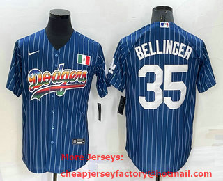 Men's Los Angeles Dodgers #35 Cody Bellinger Rainbow Blue Red Pinstripe Mexico Cool Base Nike Jersey