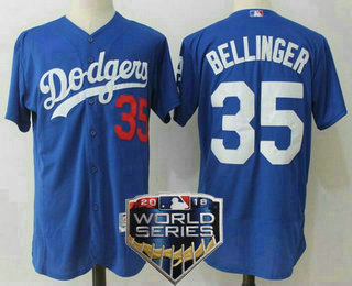 Men's Los Angeles Dodgers #35 Cody Bellinger Royal Blue 2018 World Series Patch Stitched MLB Majestic Flex Base Jersey