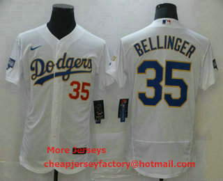 Men's Los Angeles Dodgers #35 Cody Bellinger White Gold Champions Patch Stitched MLB Flex Base Nike Jersey