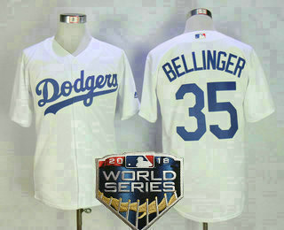Men's Los Angeles Dodgers #35 Cody Bellinger White Home 2018 World Series Patch Stitched MLB Majestic Cool Base Jersey