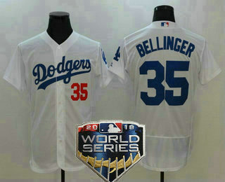 Men's Los Angeles Dodgers #35 Cody Bellinger White Home 2018 World Series Patch Stitched MLB Majestic Flex Base Jersey