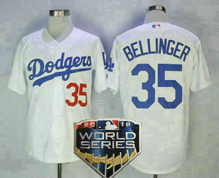 Men's Los Angeles Dodgers #35 Cody Bellinger With Small Number White Home 2018 World Series Patch Stitched MLB Cool Base MLB Jersey