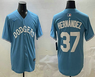Men's Los Angeles Dodgers #37 Teoscar Hernandez Light Blue Limited Throwback Stitched Jersey