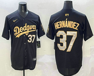 Men's Los Angeles Dodgers #37 Teoscar Hernandez Number Black Gold Stitched Cool Base Jersey