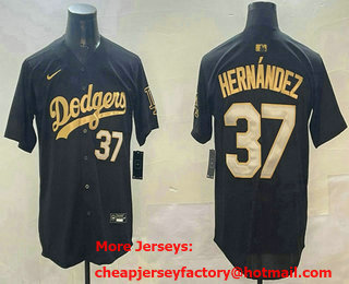 Men's Los Angeles Dodgers #37 Teoscar Hernandez Number Black Gold Stitched Jersey