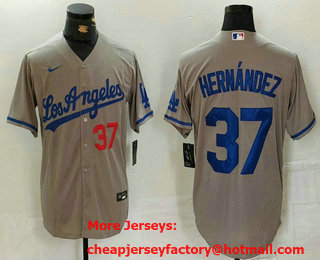 Men's Los Angeles Dodgers #37 Teoscar Hernandez Number Grey With Los Cool Base Stitched Jersey