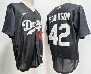 Men's Los Angeles Dodgers #42 Jackie Robinson Black With Red Number Stitched MLB Flex Base Nike Jersey