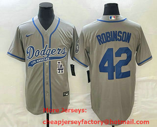 Men's Los Angeles Dodgers #42 Jackie Robinson Grey With Patch Cool Base Stitched Baseball Jersey 02