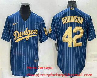 Men's Los Angeles Dodgers #42 Jackie Robinson Navy Blue Gold Pinstripe Stitched MLB Cool Base Nike Jersey