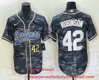 Men's Los Angeles Dodgers #42 Jackie Robinson Number Grey Camo Cool Base With Patch Stitched Baseball Jersey 01