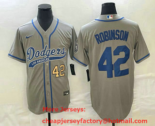 Men's Los Angeles Dodgers #42 Jackie Robinson Number Grey With Patch Cool Base Stitched Baseball Jersey 01