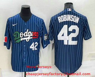 Men's Los Angeles Dodgers #42 Jackie Robinson Number Navy Blue Pinstripe 2020 World Series Cool Base Nike Jersey 01