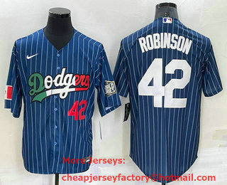 Men's Los Angeles Dodgers #42 Jackie Robinson Number Navy Blue Pinstripe 2020 World Series Cool Base Nike Jersey