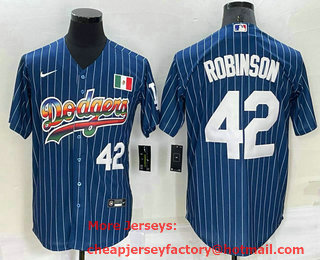 Men's Los Angeles Dodgers #42 Jackie Robinson Number Rainbow Blue Red Pinstripe Mexico Cool Base Nike Jersey 01