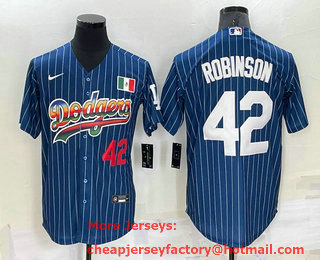 Men's Los Angeles Dodgers #42 Jackie Robinson Number Rainbow Blue Red Pinstripe Mexico Cool Base Nike Jersey