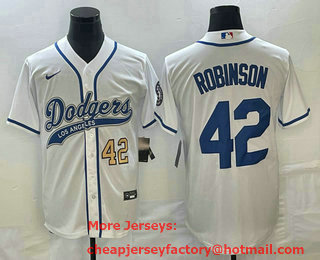 Men's Los Angeles Dodgers #42 Jackie Robinson Number White With Patch Cool Base Stitched Baseball Jersey 01