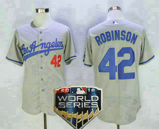 Men's Los Angeles Dodgers #42 Jackie Robinson Retired Gray Road 2018 World Series Patch Stitched MLB Majestic Flex Base Jersey