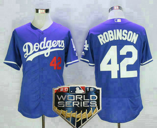 Men's Los Angeles Dodgers #42 Jackie Robinson Royal Blue 2018 World Series Patch Stitched MLB Majestic Flex Base Jersey