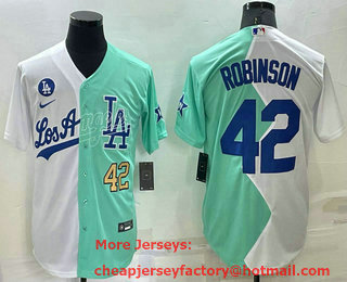Men's Los Angeles Dodgers #42 Jackie Robinson White Green Number 2022 Celebrity Softball Game Cool Base Jersey 01