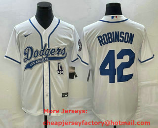 Men's Los Angeles Dodgers #42 Jackie Robinson White With Patch Cool Base Stitched Baseball Jersey 01