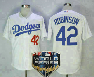 Men's Los Angeles Dodgers #42 Jackie Robinson With Small Number White Home 2018 World Series Patch Stitched MLB Cool Base MLB Jersey