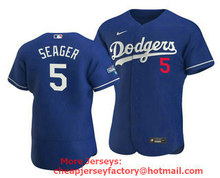 Men's Los Angeles Dodgers #5 Corey Seager 2020 Blue World Series Champions Patch Flex Base Sttiched Jersey