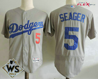 Men's Los Angeles Dodgers #5 Corey Seager Gray Alternate 2017 World Series Patch Stitched MLB Flex Base Jersey