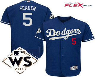 Men's Los Angeles Dodgers #5 Corey Seager Royal Blue Alternate 2017 World Series Patch Flex Base MLB Jersey