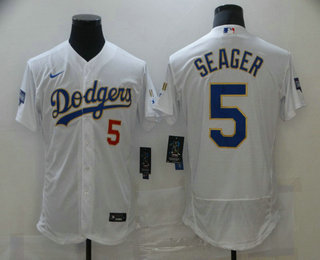 Men's Los Angeles Dodgers #5 Corey Seager White Gold Championship Flex Base Sttiched MLB Jersey