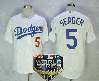 Men's Los Angeles Dodgers #5 Corey Seager With Small Number White Home 2018 World Series Patch Stitched MLB Cool Base MLB Jersey