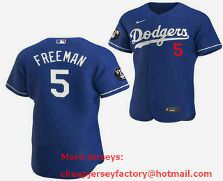 Men's Los Angeles Dodgers #5 Freddie Freeman 2022 Blue Vin Scully Patch Flex Base Stitched Baseball Jersey