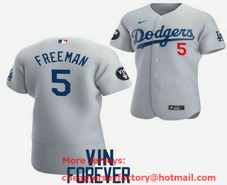 Men's Los Angeles Dodgers #5 Freddie Freeman 2022 Grey Vin Scully Patch Flex Base Stitched Baseball Jersey